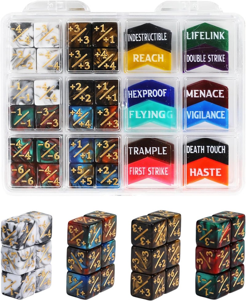 FIGURESLAB Store 48PCS 12mm MTG Dice Counters & Tokens for Magic The Gatering, MTG Abilities Keyword Buff Tokens Plus 1 Life Counters Loyalty Dice, Compatible with TCG CCG Magic Card Gaming Accessories - Image 1